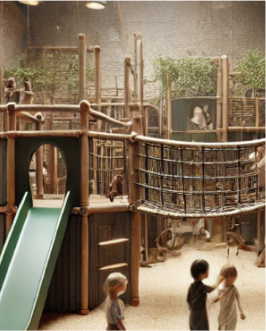 a play area with green slides with protective closures around the walls