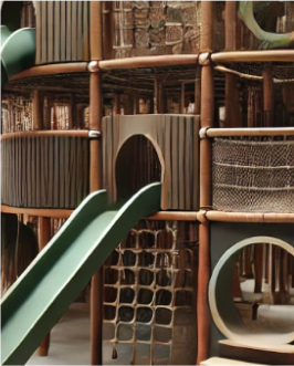 a play area with green slides with protective closures around the walls