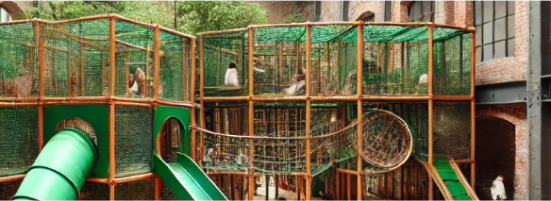 a play area with green slides with protective closures around the walls